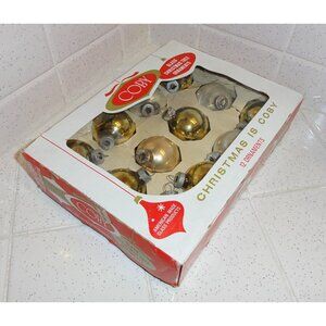 Vintage Gold & Silver Coby Glass 12 Christmas Tree Ball Ornaments original box